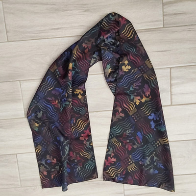 Black Multi-color Leaf Pattern Semi Sheer Oblong Ascot Neck Scarf.   Size  58x13