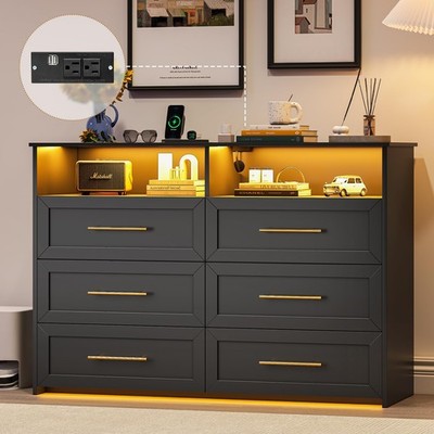 Black Dresser with LED Lights and Charging Station, Chest of 6 Drawers Bedroom | eBay Black Dresser with LED Lights and Charging Station, Chest of 6 Drawers Bedroom | eBay
