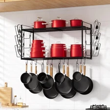 31 Inch Pot Rack Wall Mounted, 2-Tier Hanging Pots and Pans Organizer Expanda...