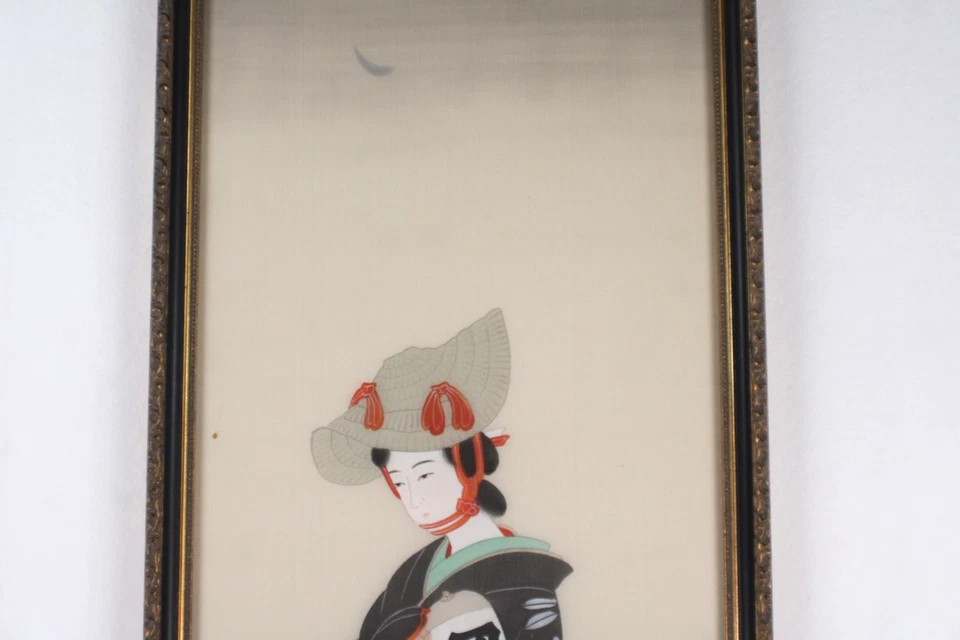 Japanese Geisha Watercolor Painting On Silk Scroll Early 20th Century Framed - Image 3 of 4