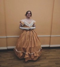 Mustard Yellow Victorian Ball Gown White Lace Ruffle Bow Historical CostumeDress