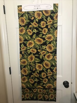 April Cornell SUNFLOWERS Table Runner with Black Background and Border 17x90 NWT