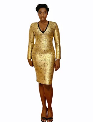 Gold V Neck Bandage Dress | eBay UK