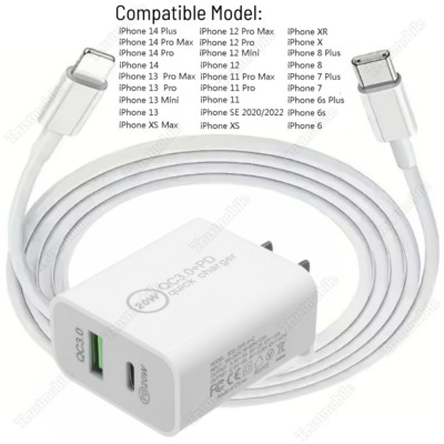 20W Type C USB C Fast Charger Cube PD Cable For iPhone 14 13 12 11 Pro XS XR X 8
