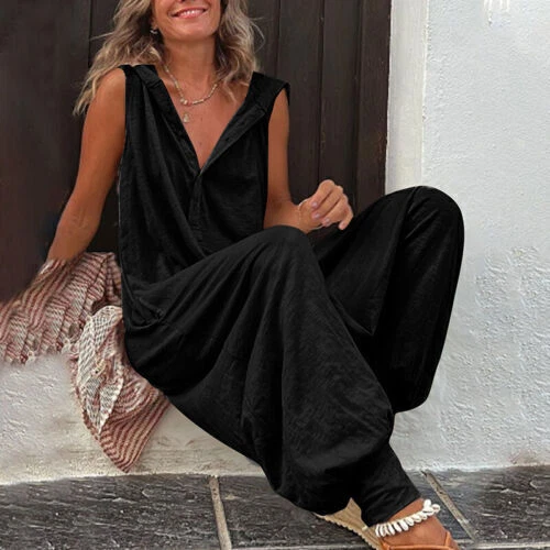 Summer Sleeveless Hooded Romper Button Solid Playsuit Loose Women Jumpsuit Pants - Picture 9 of 21