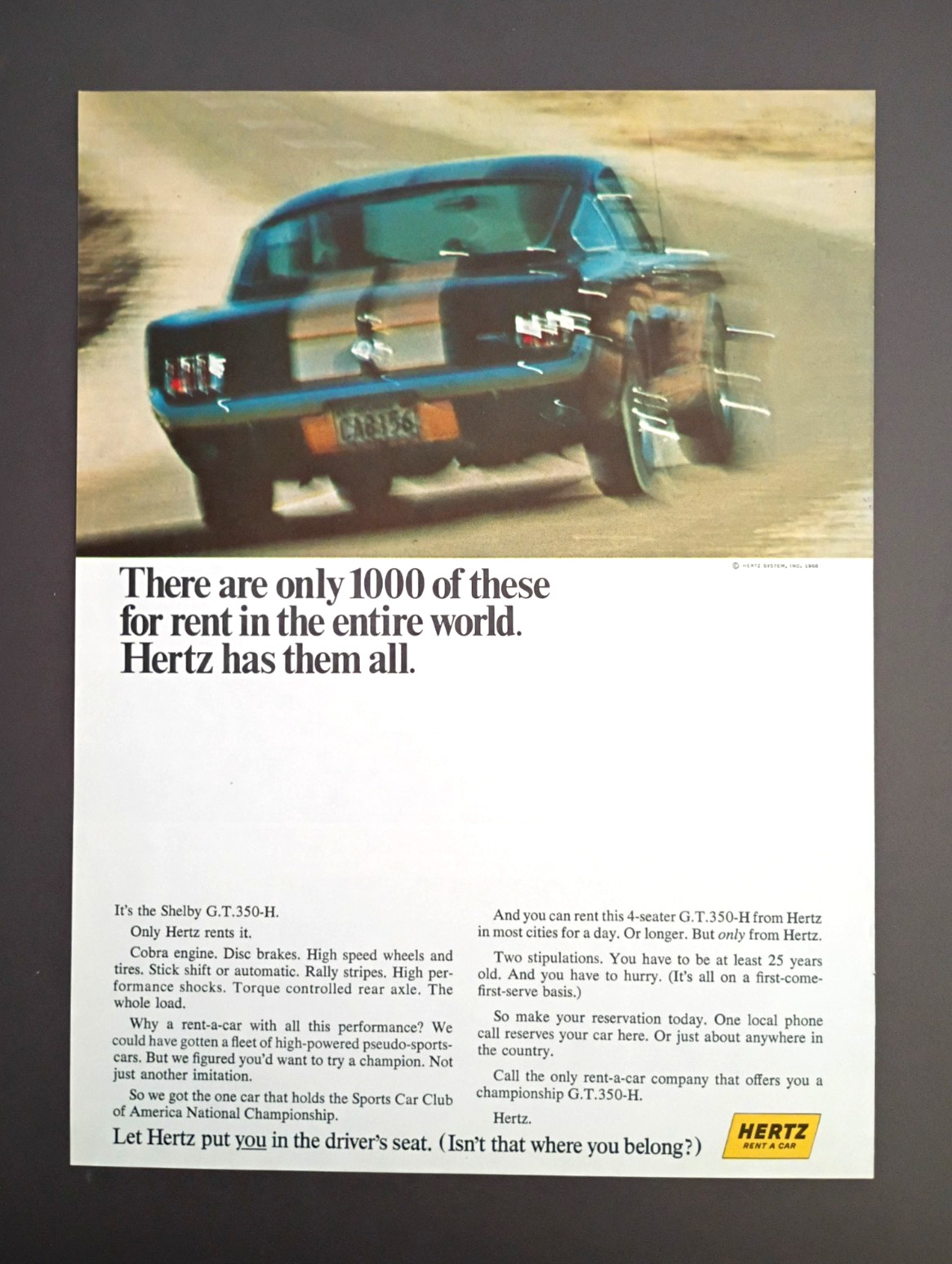 1966 Hertz Ford Mustang Shelby GT 350 H original magazine auto ad print