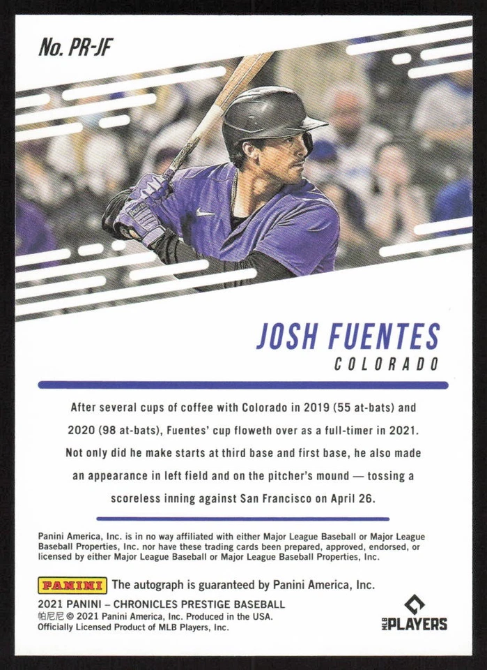 2021 Panini Chronicles Prestige Rookie Autographs Josh Fuentes Colorado Rockies - Image 2 of 2