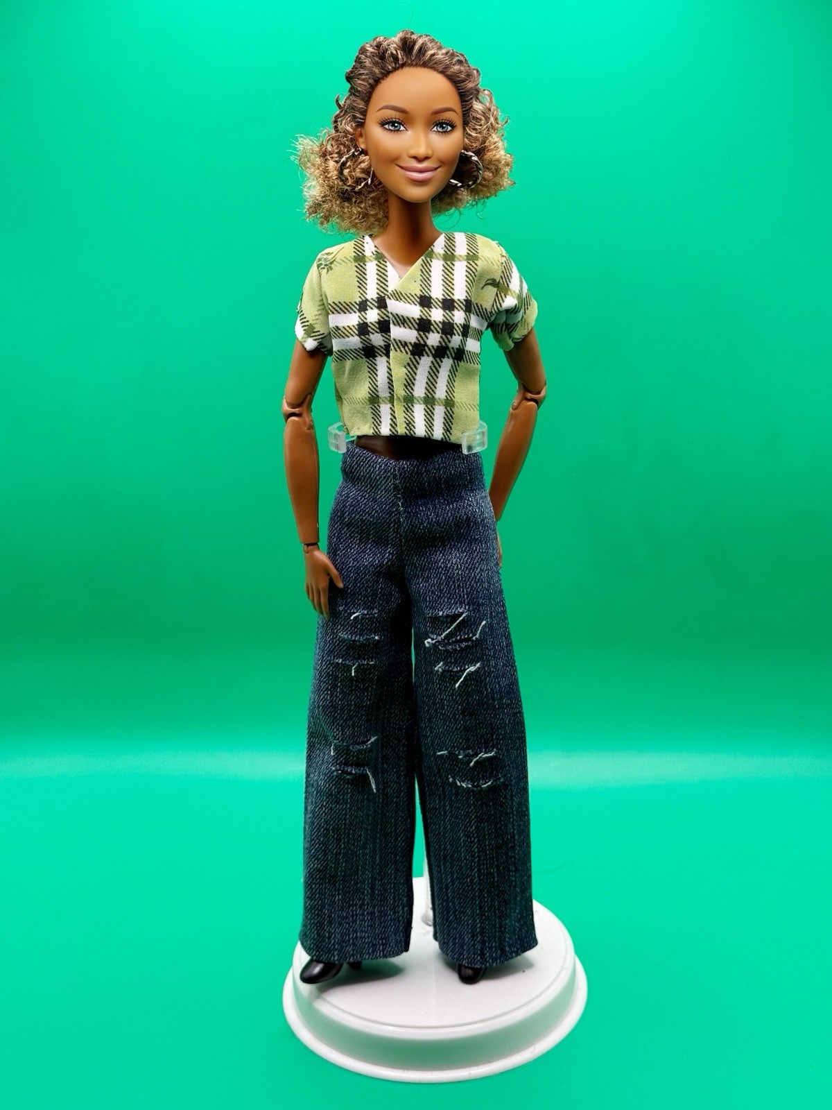 Hand-sewn Plaid Top & Denim Pants For Barbie Doll ( Curvy Doll )