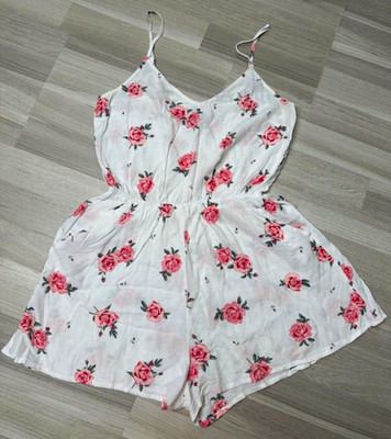 Divided by H&M Damen Romper Einteiler Blumenmuster weiß/rosa Gr. 36 Träger