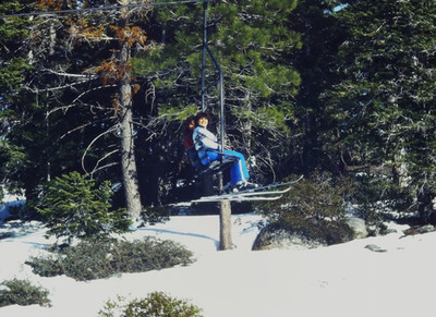 1980s Two Skiers Riding Chairlift Up Snowy Mountain Ski Resort 35mm Slide