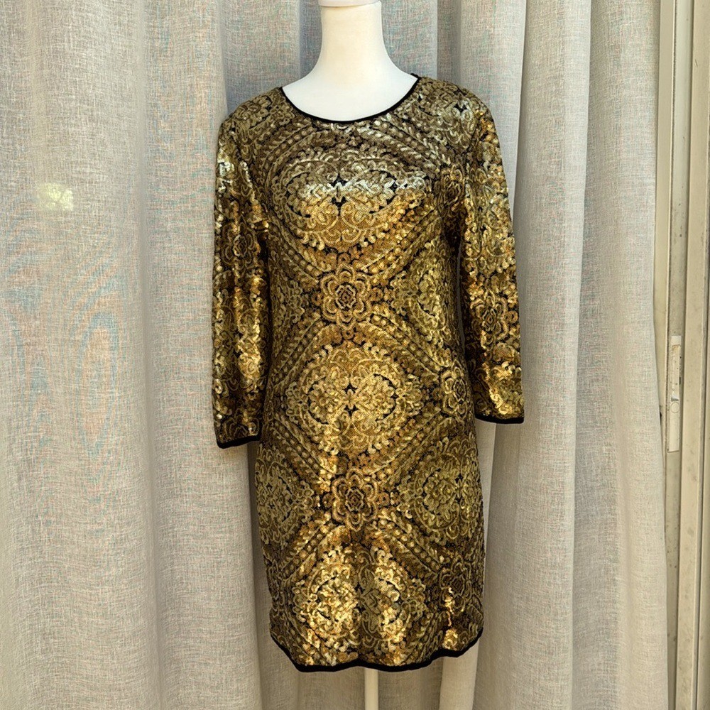 golden sequin 3/4 sleeve shift dress by Jeff Gallano