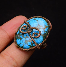 Turquoise Gemstone Copper Wire Wrapped Handmade Jewelry Ring Size 9.5