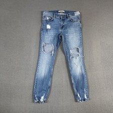 Zara Jeans Womens 2 Blue Straight Ankle Stretch Distressed Denim Cotton Blend