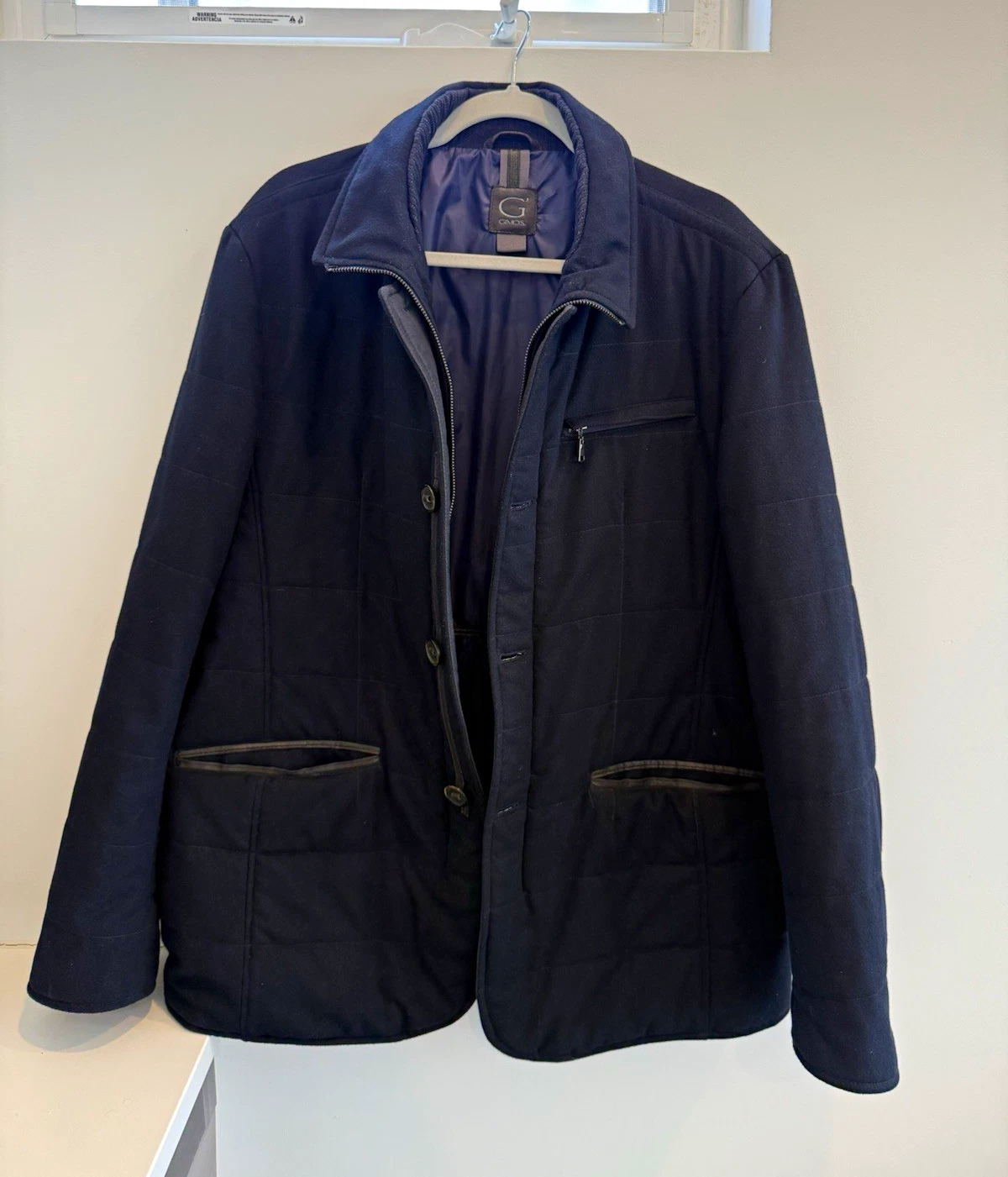GIMO'S Men’s Navy Quilted Cotton Blend Jacket Full Zip Button Elbow Patch EU54 - product detail image 1