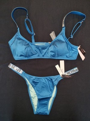 New Rare Victoria's Secret Women's Swim Shine Strap Bikini Set Teal Blue M NWT
