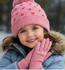 New Pink Hearts Beanie Hat  Glove Set Sparkly Knit Pom  Pom Kids Cuffed Mittens