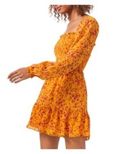 1. STATE Womens Orange Balloon Sleeve Square Neck Short Party Ruffled Dress M