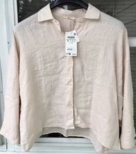 NWT ZARA Home 100% Linen Boxy Fit Cropped Drop Shoulder Button Up Ecru Size M
