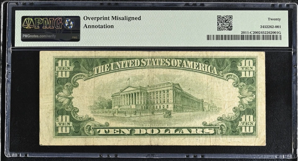 Misalignment Error 1950 A $10 Federal Reserve Note PMG 20 Major Shift Error - Image 2 of 2