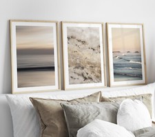 Set of 3 Beige Grey Wall Art Prints Abstract Beach Bedroom Living Room Posters