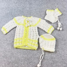 Knit Baby Set Outfit Vintage Handmade Yellow White Dress Booties Bonnet Doll