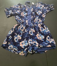 Justice Girls Navy With Pink Floral Lined CrepeShort Jumpsuit Size 14