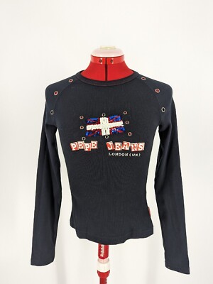 Pepe Jeans Vintage 90s Y2K Bodycon Union Jack Sequin Punk Shirt Club Techno M UK