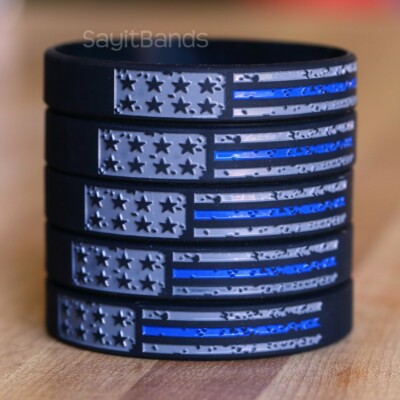 XL Worn Distressed USA Flag Thin Blue line Wristband Set - Extra Large Size