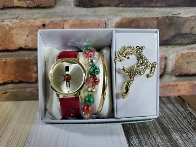 Mixit Christmas Watch Gift Set 2 Multicolored Bracelets Reindeer Brooch Pin