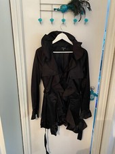 Black Satin Bebe Smart Frilly Mac Coat Size M/uk10/12?