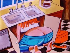 SEXY WOMAN PLUMBER PRINT poster butt cheeks blue jeans toolbox bare feet kitchen