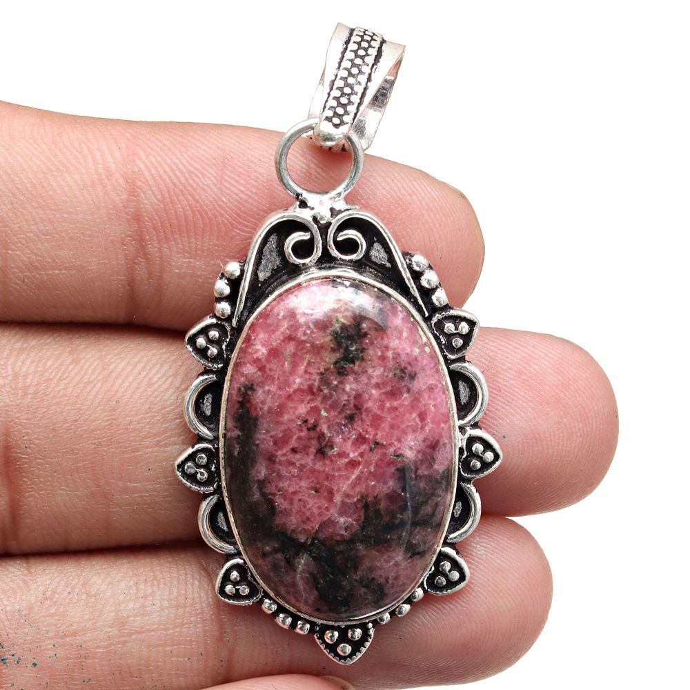 Rhodonite Silver Pendant Necklace 2 Inch Gemstone Gift For Her