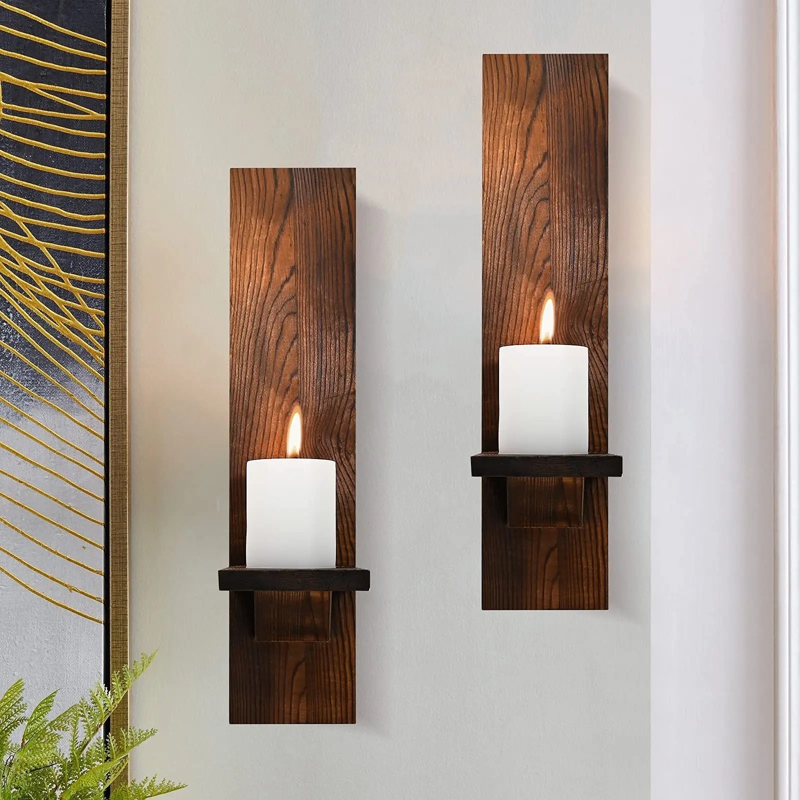 Wooden Wall Sconces Set of 2 Rustic Mount Wood Pillar Candle Holders for Living