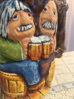 Vintage Belgium Studio Art Pottery 3 D Hand Painted Beer Mug Signed 7/4 5 Inch