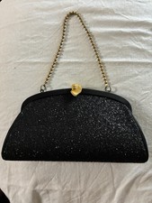 VTG Black Glitter Evening Bag Featuring A Gold Chain Strap And Decorative Clasp