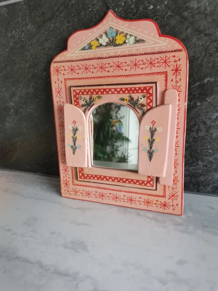 Miroir suspendu en bois peint à la main marocain floral rose décoration maison - Photo 3/4