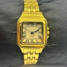 Gold-tone Square Dial Roman Numerals Quartz Watch Working New Battery
