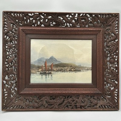 Antique Chinese Nautical Art Hardwood Carved Picture Frame Dragon Koi Fish Bat