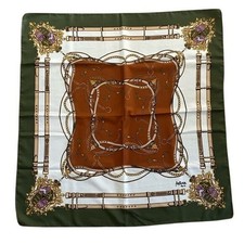 Patricia Paris Square Scarf 29x30  Green Brown Gold Buckles Ropes Chains Crest