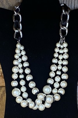 White House Black Market Silver Tone & Black Three Strand Faux Pearl Necklace