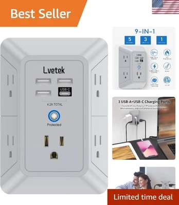 Innovative 5-Outlet USB Power Hub with 4 Rapid Charging Ports - Safe & Efficient