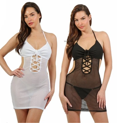 Damen Cover-Up Minikleid Strand Party Kleid Cut Outs Mesh Schnürung - Bild 1 von 2