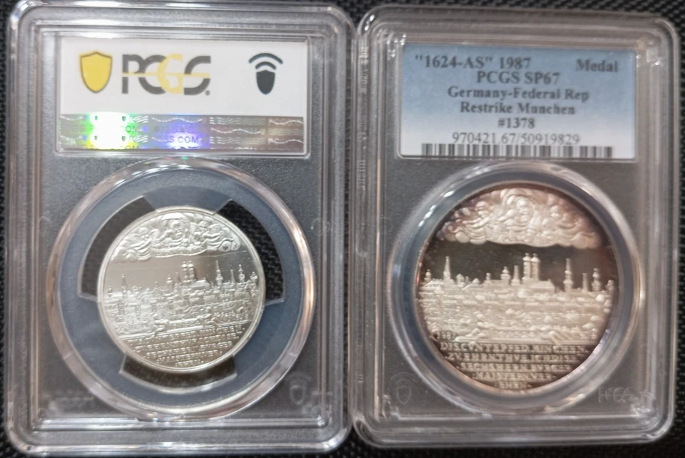 2X PCGS Munich 1624"1986/87" PR67 Silver City View Thaler Proof Restrike Germany - Image 2 of 4