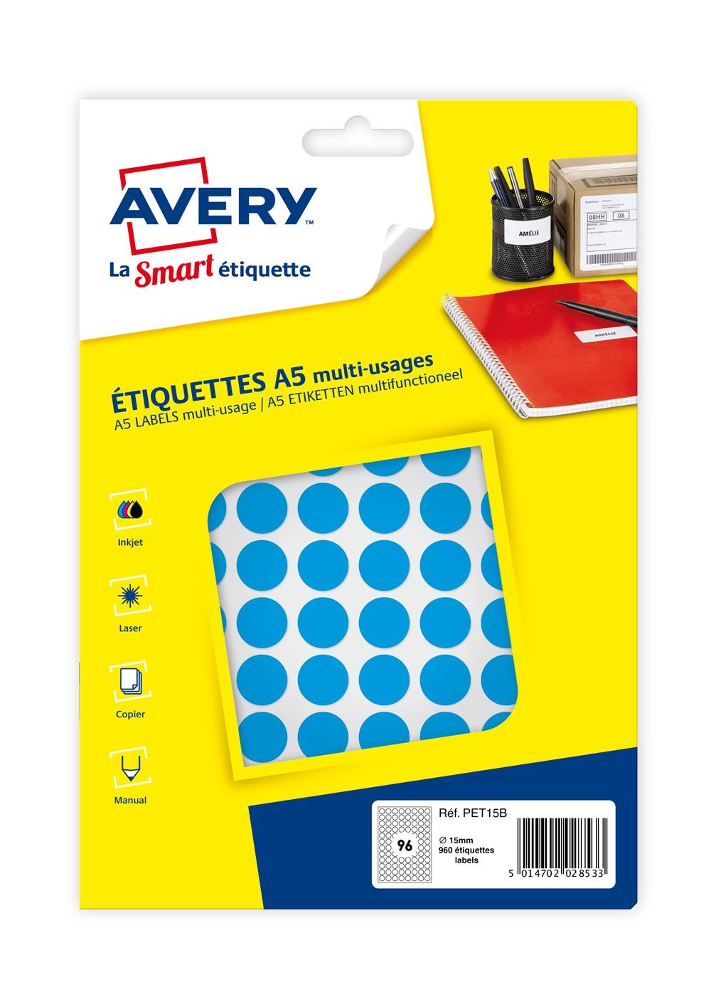 Pastilles Avery Diam 15 Bleues : l'excellence du marquage industriel avec le lot PET15B-10