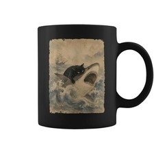 Black Cat Biting Shark Anime Graphic Cool Jap...