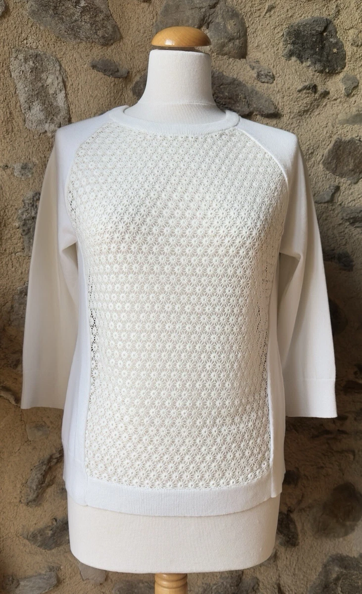 Pull Karen Millen Coton Et Dentelle - Blanc, Taille 42, Manches 3/4, Neuf Sans étiquette