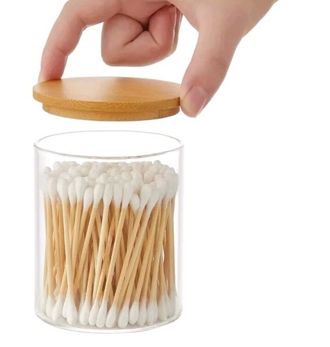 6 Pack Glass Qtip Holder, Apothecary Jars with Lids Bamboo, Bathroom Organizers - Picture 4 of 5