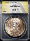 1990 American Silver Eagle certified MS 67 by ANACS! Nicely toned!