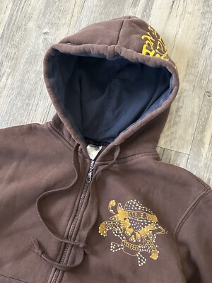 Vintage Y2K Don Ed Hardy Love Kills Slowy Brown Hoodie Sz S