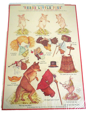 1981 Uncut Three Little Pigs Paper Dolls Old Fashioned Embossed w Big Bad Wolf